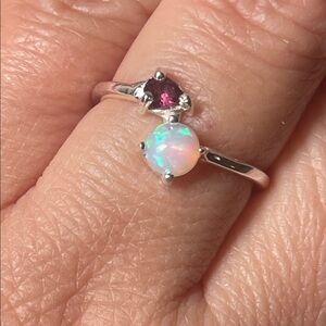 Elegant Natural Opal & Natural Rhodolite Ring in 925 Sterling Silver Size 7